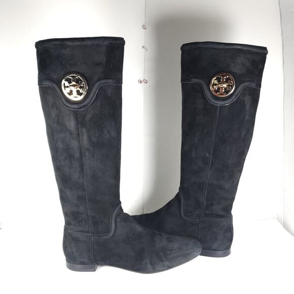 TORY BURCH Women's Selma US8,5M Black Suede Logo Zip Knee High Riding Boots - Picture 8 of 16